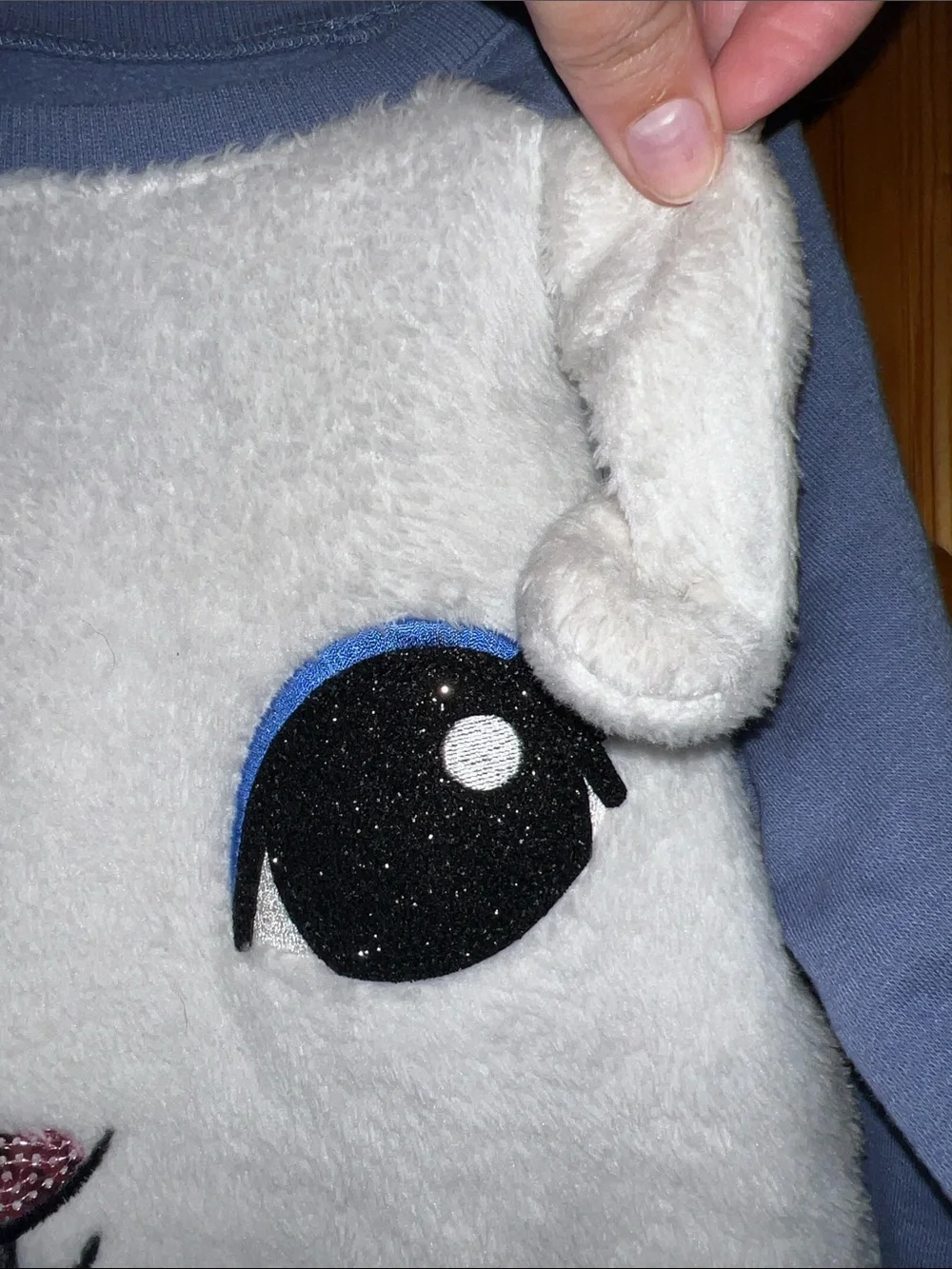 Justice White Plush Bunny Crewneck with Blue Sleeves